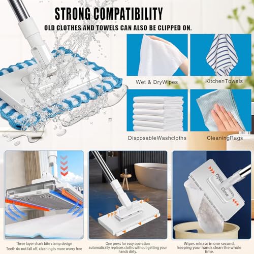 Quick Grip Mini Mop, Zero Touch MiniMop, Disposable Clip Mopstick Reusable Cloths, Retractable Gap Dust Cleaner Flat Mops with Locking Head & Sweeping Cloths (1*mop+10*Cloth)