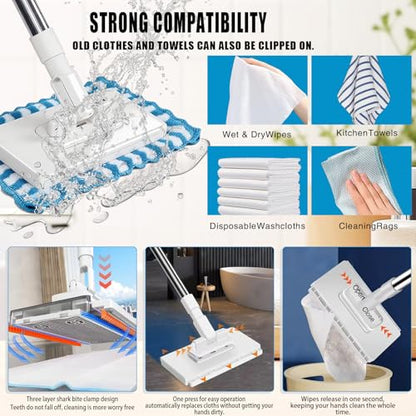Quick Grip Mini Mop, Zero Touch MiniMop, Disposable Clip Mopstick Reusable Cloths, Retractable Gap Dust Cleaner Flat Mops with Locking Head & Sweeping Cloths (1*mop+10*Cloth)