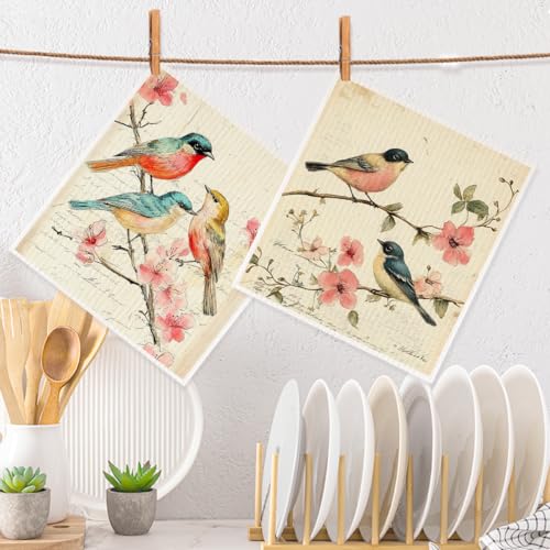 2 Pcs Vintage Bird Artistic Prints Swedish Dishcloths for Kitchen, Absorbent Reusable Paper Towels, Retro Flower Geometry Kitchen Towels for Bathroom Home, Gifts for Bird Lovers Women Mom 5 - color: Sz 0780