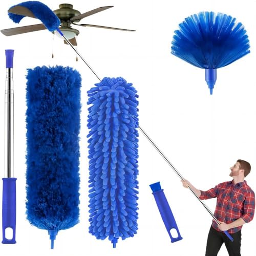 Buysenton Cobweb Duster with Extension Pole, Washable Cleaning Duster Kit with 3 Duster Heads, Cobweb Duster, Corner Brush, 15-100 Inch Long Aluminum Telescoping Pole for Ceiling Fan (Blue) - color: Blue