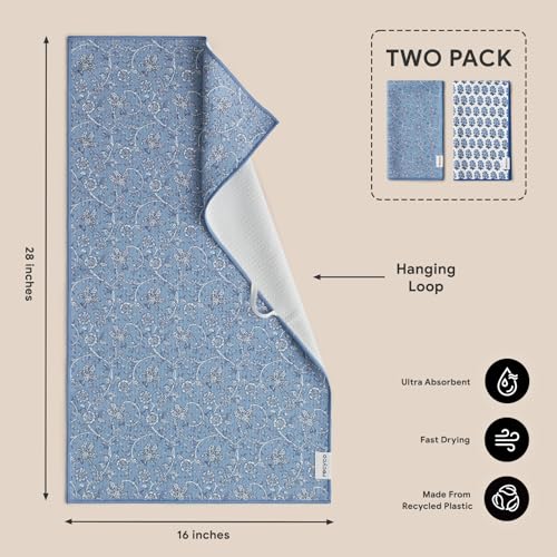 RECYCO Waffle Kitchen Towel Set of 2 - Quick Dry Microfiber Sustainable Dish Towels - Ultra Absorbent Reusable Cleaning Tea Towels - Lightweight Hand Towels,16”x 28”, Porcelain Blue - color: Porcelain Blue