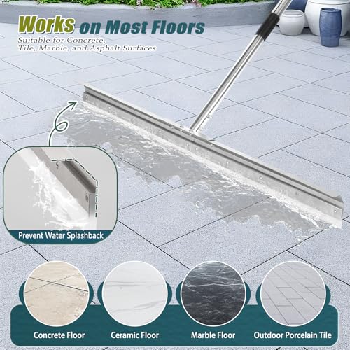 Heavy-Duty 33.4" Floor Squeegee for Concrete, Industrial Silicone Blade Squeegee for Floor with 63" Stainless Handle, Anti-Splash Curved Baffle Design for Garage, Factory, and Tough Cleaning Jobs - size: Standard