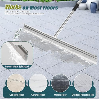 Heavy-Duty 33.4" Floor Squeegee for Concrete, Industrial Silicone Blade Squeegee for Floor with 63" Stainless Handle, Anti-Splash Curved Baffle Design for Garage, Factory, and Tough Cleaning Jobs - size: Standard