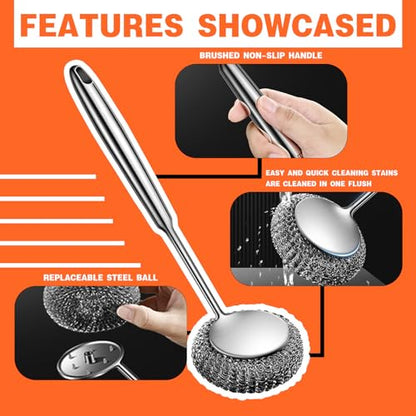 Stainless Steel Scourer Scrub Set with Long Handle Brush+Steel Ball+Screwdriver Metal Scouring Pad Removes Grease, Oil and Dirt Stains from Pots, Dishes and Bakeware (B) - color: B