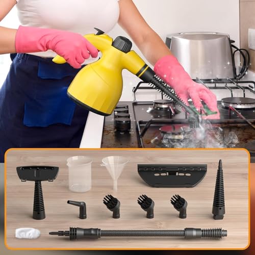Handheld Steam Cleaner: Multi-Surface Steamer with 10 PCS Accessories Pressurized Natural Steam Cleaner for Home Cleaning Dirt, Grease, Grout, Tile, Floor, Couch and Car-Yellow