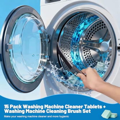 Washing Machine Cleaner, Washer Machine Cleaner Tablets 15 Pcs + Dryer Vent Cleaner Kit 12 Pack, Crevice Cleaning Brush for Bathroom, Shower & Kitchen, All-in-One Multi-Surface Scrubbing Brushes - color: Green 27 Pack