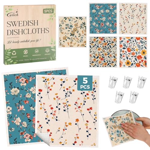 wlich 5PCS Swedish Dishcloths for Kitchen, Reusable Dish Rags for Washing Dishes with Clips, Non-Scratch Kitchen Towels and Dishcloths Sets, Washable Swedish Dish Cloths, No Odor(Plant) - color: Plant, size: 5PCS