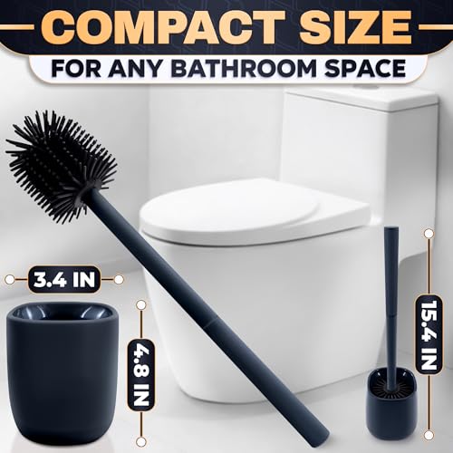 Toilet Brush and Holder Set - Silicone Toilet Bowl Brush with Black Holder Base, Compact Bath Accessory for Small Spaces - Easy to Place and Simple to Store After Use, Plastic Bathroom Cleaning Tool - color: Black