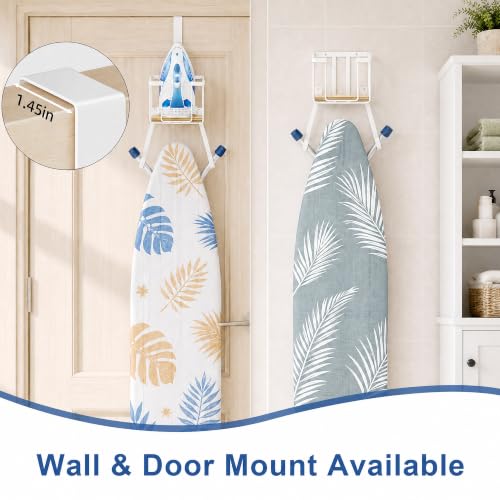 ORLESS Ironing Board Hanger Over Door & Wall Mount, White | 2 in 1 Heavy Duty Iron Board Holder with Storage Basket, Fits T/Y Boards, Laundry Room Space Saver - color: White Iron Natural Wood