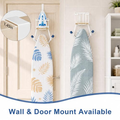 ORLESS Ironing Board Hanger Over Door & Wall Mount, White | 2 in 1 Heavy Duty Iron Board Holder with Storage Basket, Fits T/Y Boards, Laundry Room Space Saver - color: White Iron Natural Wood