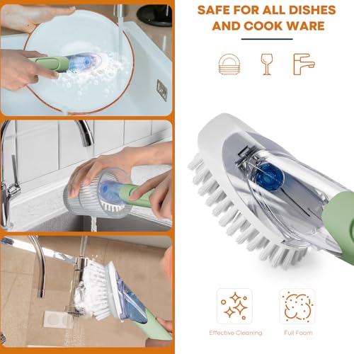 RIMAY Dish Brush with Soap Dispenser, Dish Washing Brush with Handle, Soap Dispensing Dish Brush, Soap Brush for Kitchen Sink, Dish Wand Kitchen Brushes for Dishes/Pans/Pots/Sink (Green) - color: Green