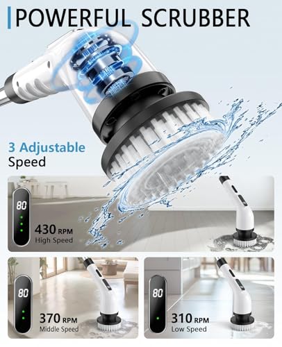 Electric Spin Scrubber Cordless - 3 Speed Rechargeable, Adjustable & Detachable Handle, 9 in 1 Brush Heads Power Scrub Brushes for Cleaning Supplies Shower Bathroom Tub Kitchen Tile Floor