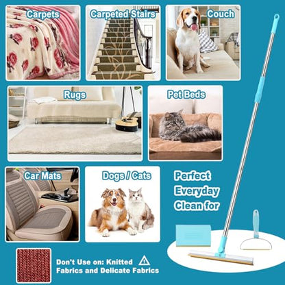 Carpet Rake for Pet Hair Removal - 5-Pcs Set Pet Hair Carpet Rake with Dog Hair Remover, Cat Hair Scraper Tool 55-Inch Adjustable Handle for Carpets, Rugs, Upholstery