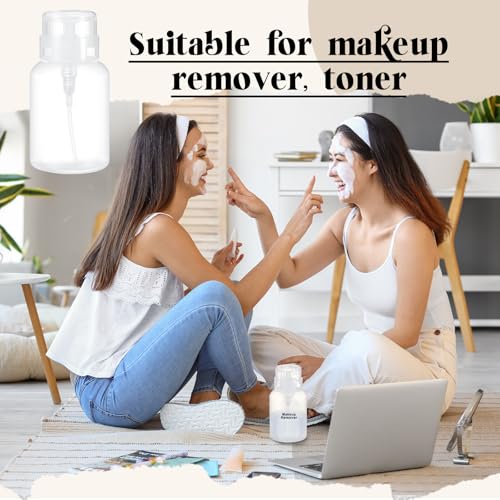 Layhit 3 Pack 6.8 oz (200ml) Push Down Lockable Pump Dispenser Bottle with Stickers, Alcohol Push Down Empty Refillable Container for Nail Polish Remover, Alcohol & Makeup Remover (Clear Top Cap) - color: Clear Top Cap