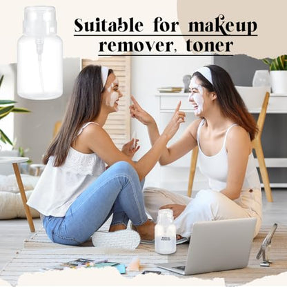 Layhit 3 Pack 6.8 oz (200ml) Push Down Lockable Pump Dispenser Bottle with Stickers, Alcohol Push Down Empty Refillable Container for Nail Polish Remover, Alcohol & Makeup Remover (Clear Top Cap) - color: Clear Top Cap