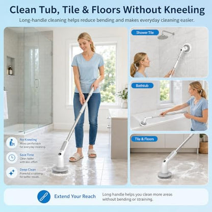 Electric Spin Scrubber, Cordless 20W High-Torque Cleaning Brush Bathroom Scrubber, IPX7 Waterproof Electric Scrubber with 6 Brush Heads, Extendable Long Handle Power Scrubber for Bathtub Floor