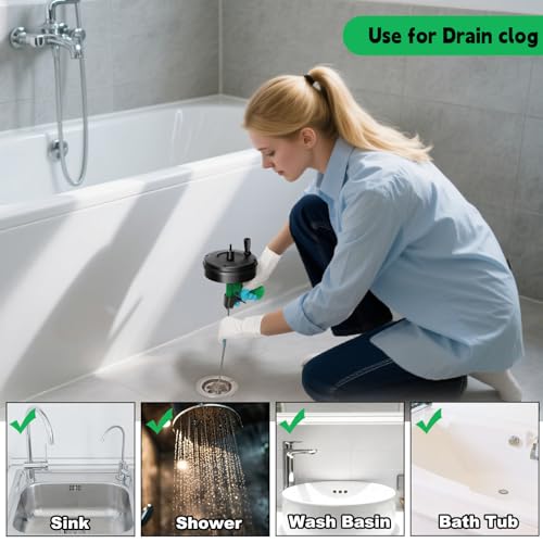 50 Ft Drain Snake, Fast Unclog Snake, Manual & Electric Plumbing Snaker for Shower Sink, Toilet and Kitchen, Drain Auger 50 ft Comes with Gloves and Bag, 1/4 Inch, Green