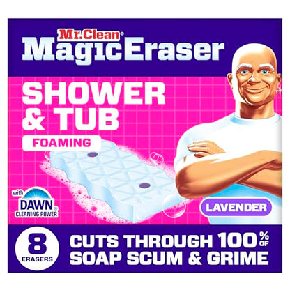 Mr. Clean Magic Eraser Sponge, Bathroom, Shower, Tub Cleaner, Soap Scum Remover, Bathroom Cleaning Supplies, Dawn Cleaning Power with Lavender Scent, Shower & Tub, 8ct - size: 1 Count (Pack of 8), style: Upgraded Version