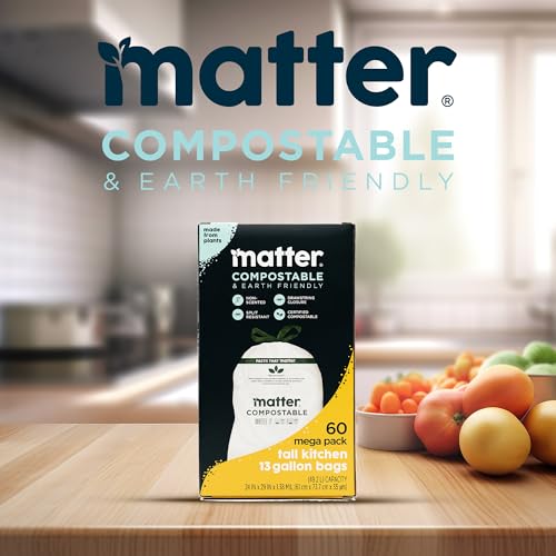 Matter Compostable 13 Gallon Tall Kitchen Trash Bags with Drawstring, Eco-Friendly, Unscented, Durable, Leak-Resistant, 60 Count - style: 13 Gallon Single Pack