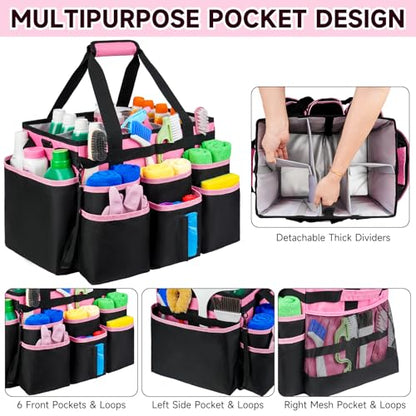 Large Rolling Cleaning Caddy Bag with Detachable Trolley,Cleaning Cart on Wheels with Shoulder Strap,Cleaning Supplies Organizer for Housekeepers,PInk - color: Pink