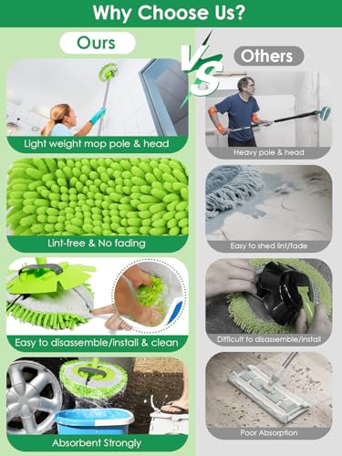 2 in 1 Lightweight Wall Cleaner Mop with Long Handle 75" 190cm Ceiling Duster Lint-Free Chenille Fiber Mop for Kitchen Baseboard Floor Glass Window Roof Cleaning Washer Scrubber Brush Tool Wet Dry Use - color: Green
