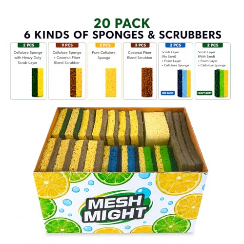 Kitchen Sponges, 20 Count, Plant-Based Cellulose + PET Scrub Sponge Set, Scratch & Non- Scratch Dish Sponges, Assorted Cleaning Sponges