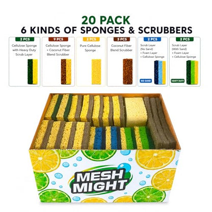 Kitchen Sponges, 20 Count, Plant-Based Cellulose + PET Scrub Sponge Set, Scratch & Non- Scratch Dish Sponges, Assorted Cleaning Sponges