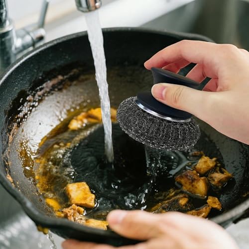 8Pcs Stainless Steel Wool Scrubber with 2 Silicone Handles, Scouring Brush for Cleaning Dishes, Pots, Pans, Grills, and Sinks(Black)