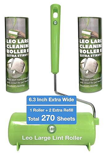 Leo 6.3-Inch Wide Lint Roller with 12-Inch Handle, Dog Hair Roller for Pet Cat Hair Removal, Super Sticky Roll Floor Refill, Leo Cleaning Roller Refill, 1 Roller + 2 Refills, 270 Sheets Total - size: 1 Roller + 2 Refills