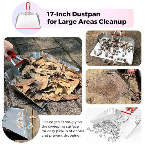 2 Pack Metal Dust Pan 17" and 12", Aluminum Heavy Duty Dust Pans with Non-Slip Rubber Handle, Large and Small Dustpan Set, Lightweight for Sweeping, Garage, Leaf, Household & Outdoor Cleaning