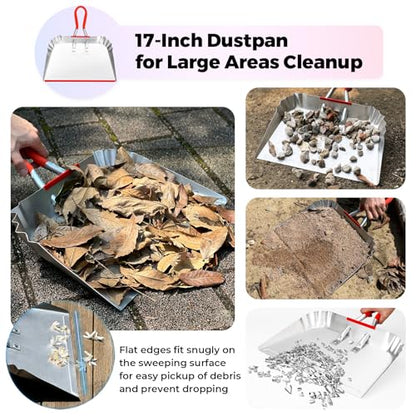 2 Pack Metal Dust Pan 17" and 12", Aluminum Heavy Duty Dust Pans with Non-Slip Rubber Handle, Large and Small Dustpan Set, Lightweight for Sweeping, Garage, Leaf, Household & Outdoor Cleaning