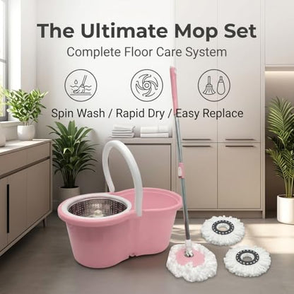 Universal Spin Mop and Bucket System with Stainless Steel Wringer - Heavy-Duty Floor Cleaning Kit Includes 4 Microfiber Mop Head Refills and Extendable Handle, Pink and White, Single Pack