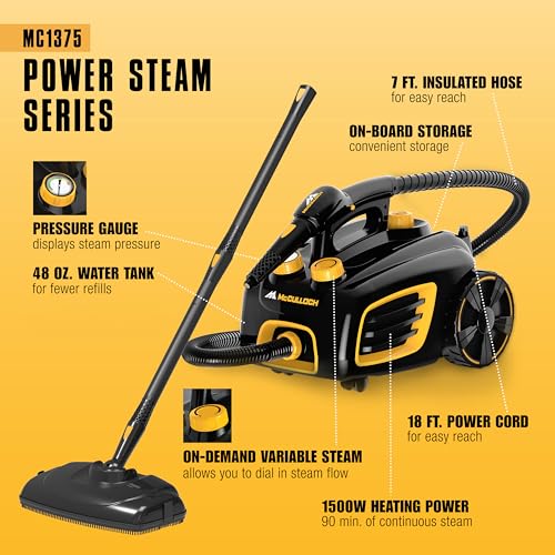 McCulloch Canister Steam Cleaner MC1375, 90 Minute Runtime, 20 Accessories, Jet Nozzle, Brushes, & More - Steam Cleaner for Home, Tile, Carpet, Furniture, & Personal Car Detailing - size: MC1375