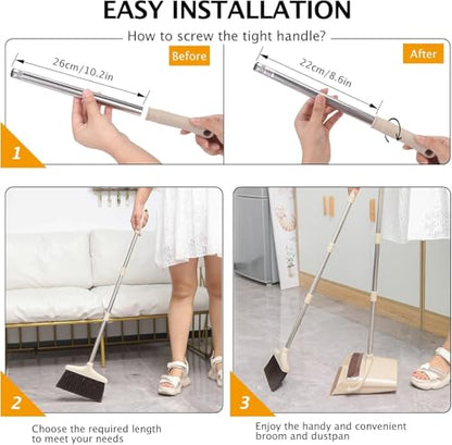 Broom and Dustpan Set with Long Handle, Light Weight Stainless Steel Poles Stand Upright Dustpans with Broom Combo for Home Kitchen Office Pet Dog Hair, Brown & Beige Color, 1-Pack - color: Beige
