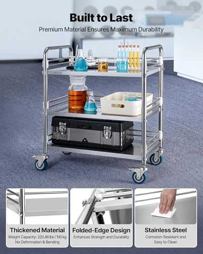 VEVOR Stainless Steel Rolling Cart, 3-Tier Metal Utility Cart with Lockable Wheels, Medical Serving Trolley Clinic Tray, Mobile Service Cart for Hospital, Lab, Restaurant, Kitchen, Salon - size: 3-Layer Shelf