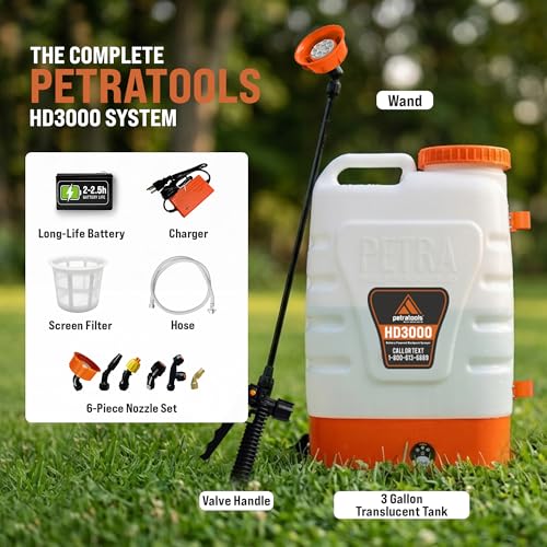 PetraTools 3 Gallon Battery Powered Backpack Sprayer in Lawn and Garden - HD3000 - Long Battery Life & Padded Straps for Comfort - Electric Sprayer w/ 6 Spray Nozzles & 80PSI (3 Gallon) - size: HD3000 (6 Nozzles)