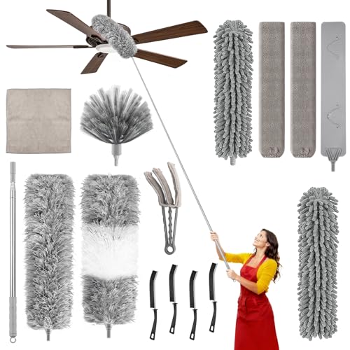 15-Piece Microfiber Feather Duster Set with Extension Pole (16.1" to 100"), Bendable Flat Duster for Under Appliances, Cobweb & Ceiling Fan Duster for Cobweb, Ceiling Fan, Blind, Furniture - color: 15-piece Set With Flat Gap Cleaner*2+chenille Head*2