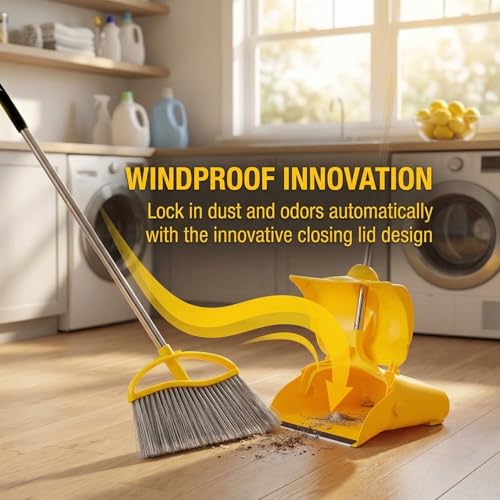 Long Handle Heavy Duty Broom and Dustpan Set, Outdoor and Commercial Upright Dustpan and Brush for Restaurant Garage Garden Yard Office, Yellow - color: Yellow