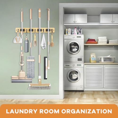 IMILLET Mop and Broom Holder Wall Mount, Bamboo Broom Hanger with 4 Racks and 5 Hooks, Laundry Room Decor, Self Adhesive Over the Door Broom Organizer, Wall Organizer for Home Garage Closet (1 Pack) - style: Bamboo-4 Slots