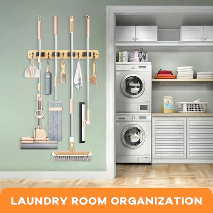 IMILLET Mop and Broom Holder Wall Mount, Bamboo Broom Hanger with 4 Racks and 5 Hooks, Laundry Room Decor, Self Adhesive Over the Door Broom Organizer, Wall Organizer for Home Garage Closet (1 Pack) - style: Bamboo-4 Slots