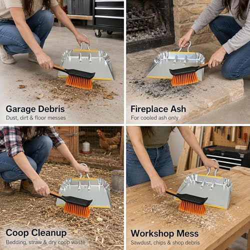 17" Heavy Duty Metal Dust Pan with Brush Set, Large Wide Mouth Dustpan with Stiff Bristle Cleaning Brush for Garage, Yard, Fireplace Ash, Wood Stove, Workshop and Outdoor Cleanup, Silver - size: 1 Count (Pack of 1) with Brush