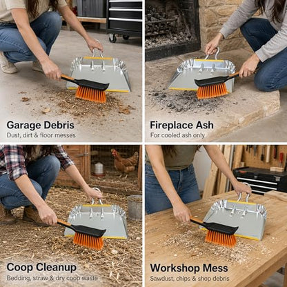 17" Heavy Duty Metal Dust Pan with Brush Set, Large Wide Mouth Dustpan with Stiff Bristle Cleaning Brush for Garage, Yard, Fireplace Ash, Wood Stove, Workshop and Outdoor Cleanup, Silver - size: 1 Count (Pack of 1) with Brush