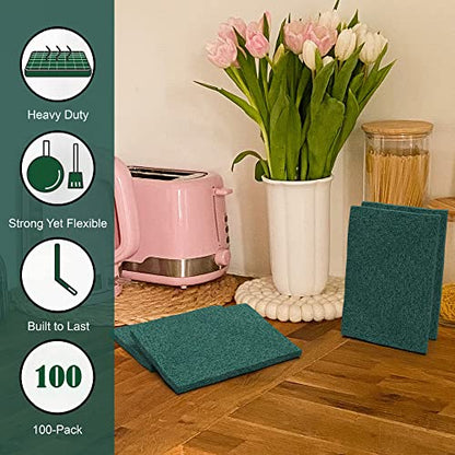 100 Pack Heavy Duty Scouring Pads, Green Scrubbing Pads, 3x4 Inch | Reusable Scrub Pads for Cleaning, Non Scratch, Household Multipurpose Scrubbers For Kitchen, Dishes, Pots, Pans, Metal Grills - size: 3 X 4 100 Pack