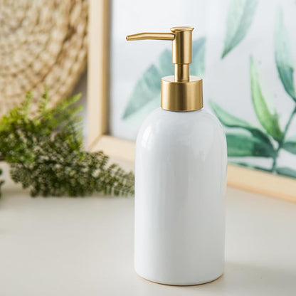 2Pack Ceramic Soap Dispenser White with Gold Pump,Simple Design Cylindrical Lotion Dispenser Bottle,Refillable Liquid Hand Soap Dispenser for Kitchen,Bathroom,Washroom - color: 2pcs White（a）