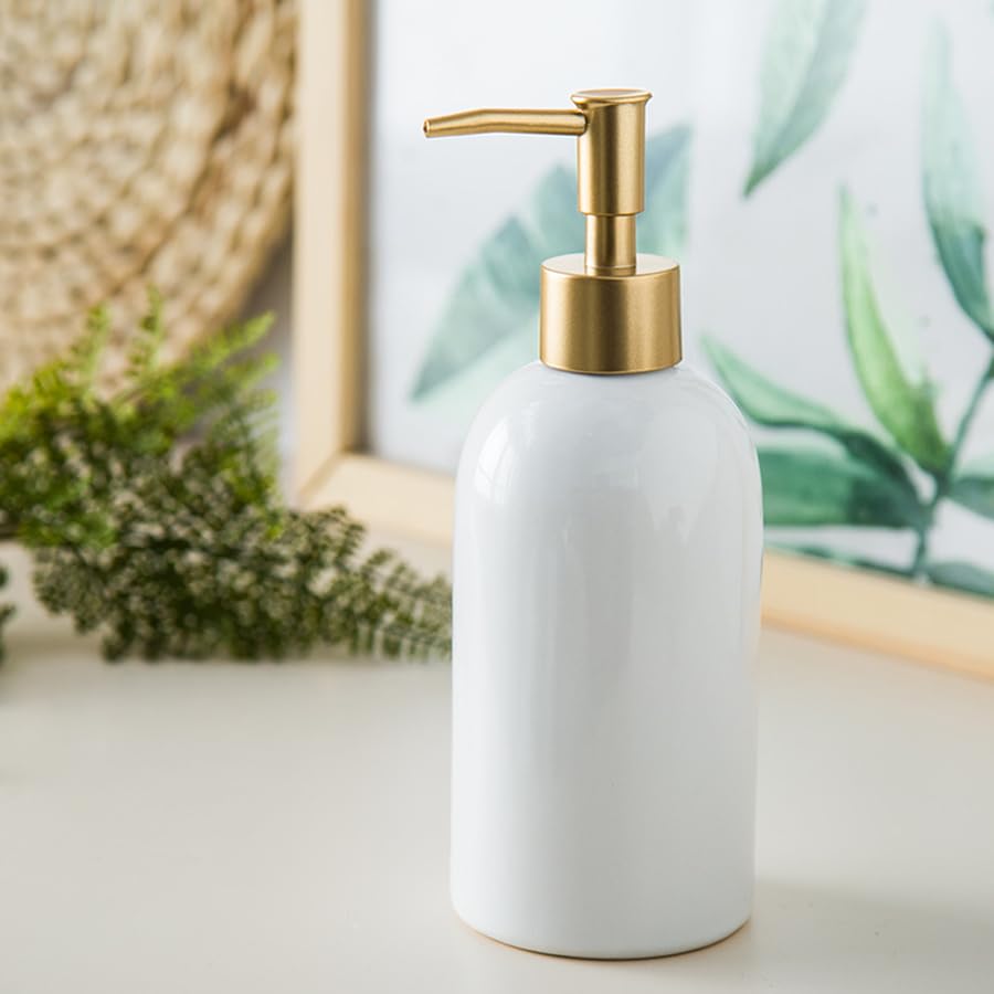 Ceramic Soap Dispenser White with Gold Pump,Simple Design Cylindrical Lotion Dispenser Bottle,Refillable Liquid Hand Soap Dispenser for Kitchen,Bathroom,Washroom - color: White（a）