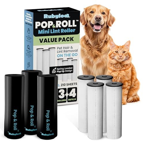 Mini Lint Roller for Pet Hair Extra Sticky (3 Pack + 4 Refill Rolls) - Travel Size Pet Hair Roller with Retractable Cover - Cat & Dog Fur Remover for Clothes - size: 3 Pack with 4 Refills