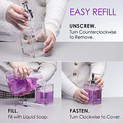 Clear Acrylic Reusable Kitchen & Bathroom Hand Sanitizer Dispenser with Rust Proof Stainless Steel Pump, Square Soap Dispenser Set | 12 oz (1 Pack) - style: 1 Pack / Soap Dispenser