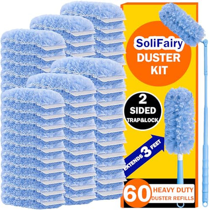 60 Heavy Duty Duster Refills for Swiffer Duster, 3 ft Extendable Handle, 1 Short Handle, Multisurface 360 Dusters kit for Dusting Furniture, Ceiling Fans, Blinds, Blue