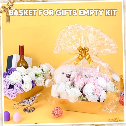 20PACK Gold Baskets for Gifts Empty, 12x10x4” Thick Cardboard Gift Basket Kit with 20 Bows & 20 Bags - Kraft Empty Gift Baskets for Christmas, Weddings, Birthdays, Bulk Gifting - color: 20 Gold