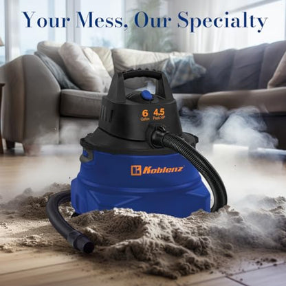 Koblenz WD-6 L212 Wet Dry Vacuum Cleaner, 6 Gallon, 4.5 PHP, 3-in-1 Suction & Blower, 16 ft Reach, Big Cleaner for Car, Shop Vacuum Wet and Dry, Swivel Casters, Black/Blue - size: 6 Gallon 4.5 HP